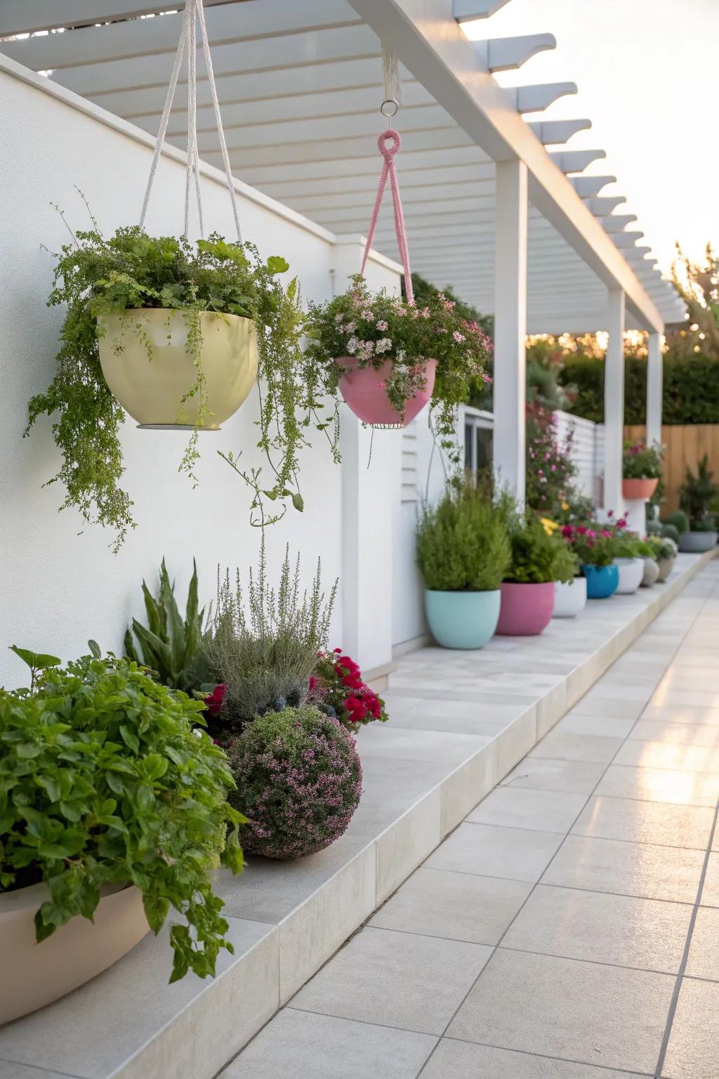 Hanging planters bringing a splash of color to the patio.