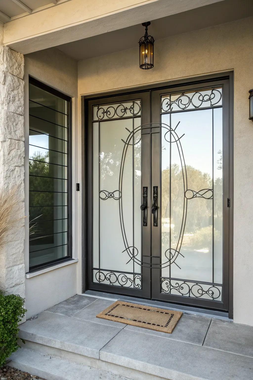 A minimalist metal door adds a sleek, modern touch to this porch.