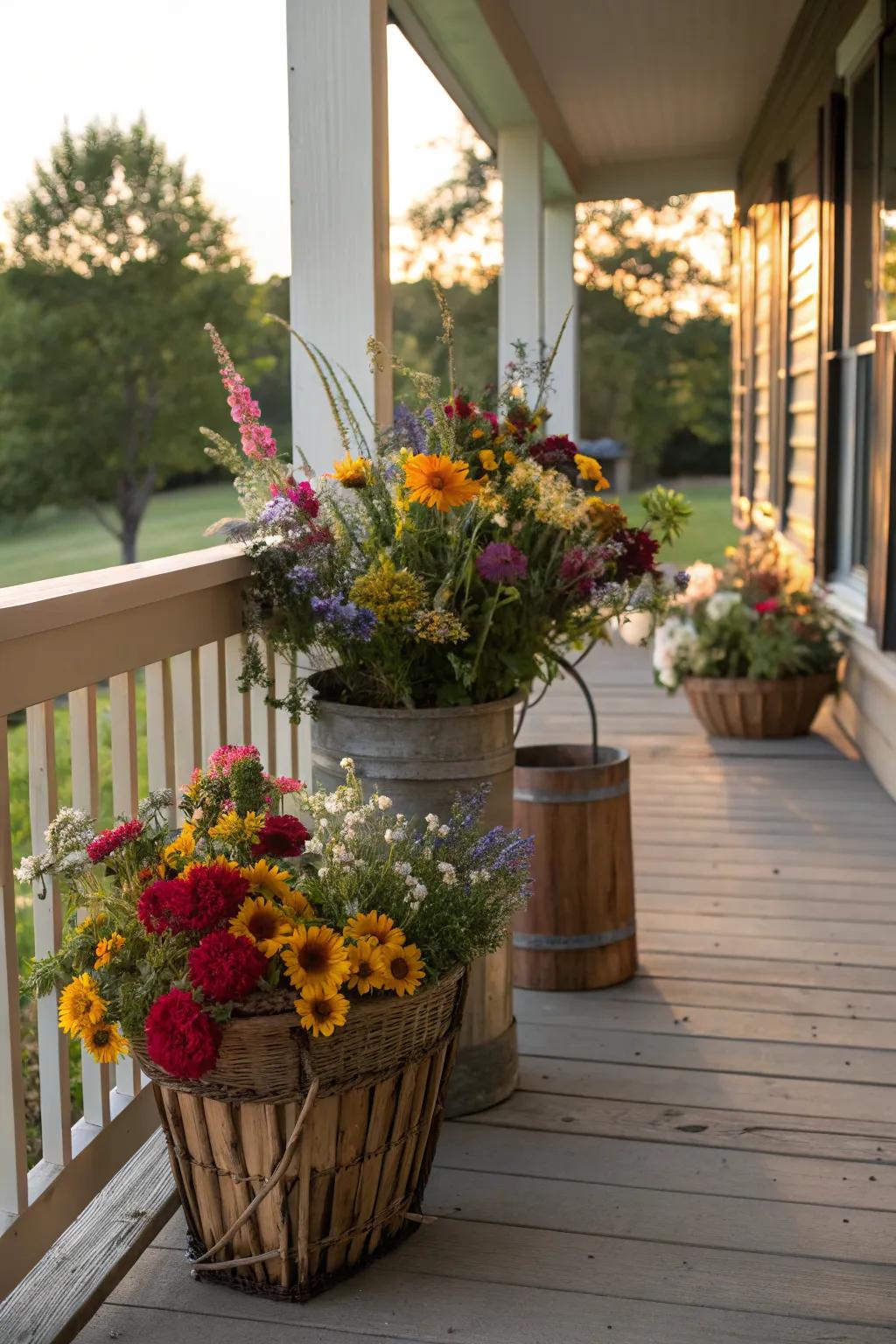 Wildflower-inspired arrangements add natural charm to your porch.