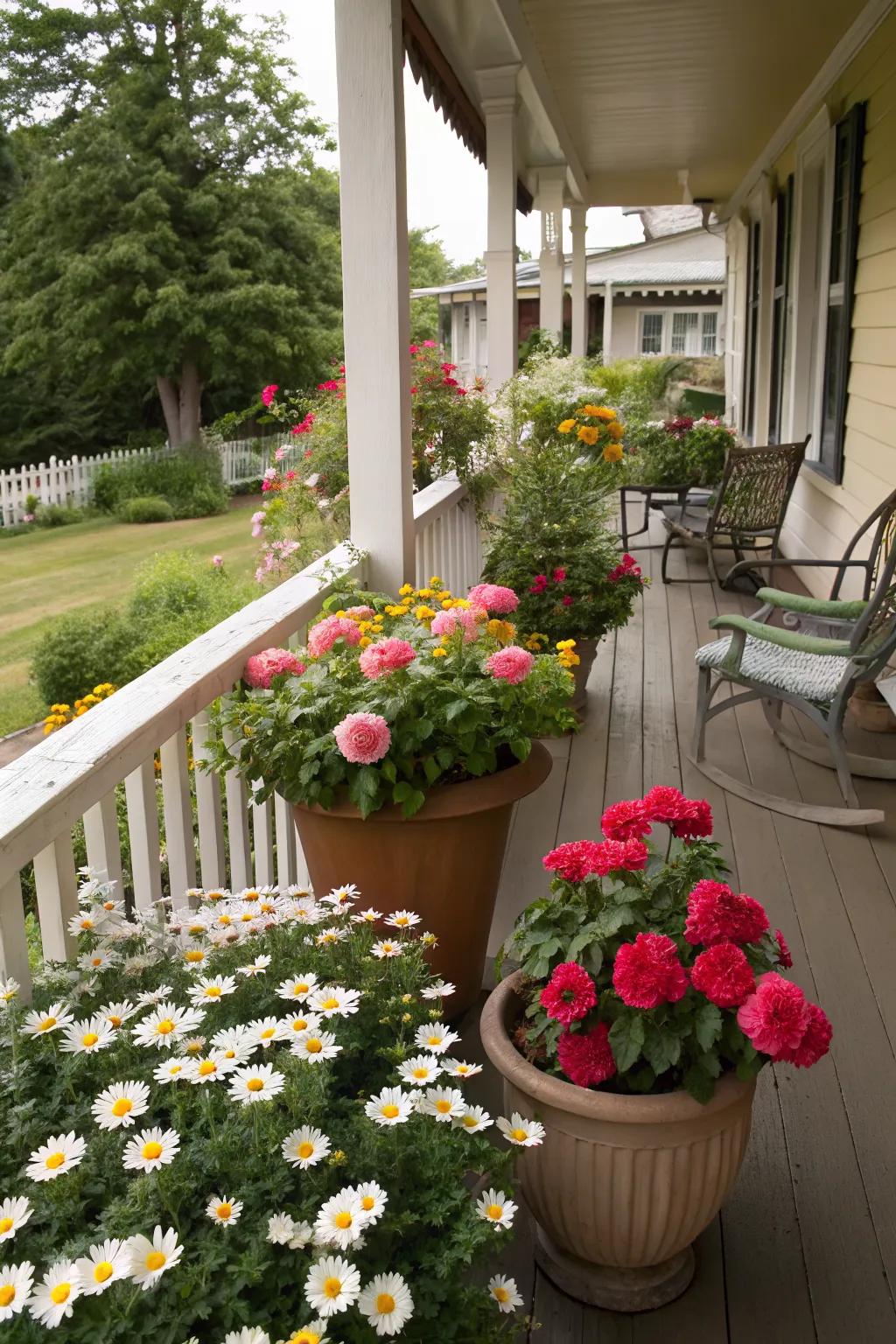 A cozy cottage aesthetic with flower pots filled with classic blooms.
