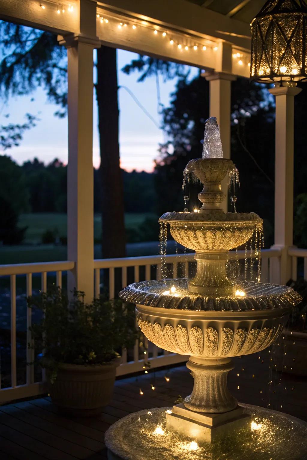 An illuminated glass fountain offers a stunning modern touch.