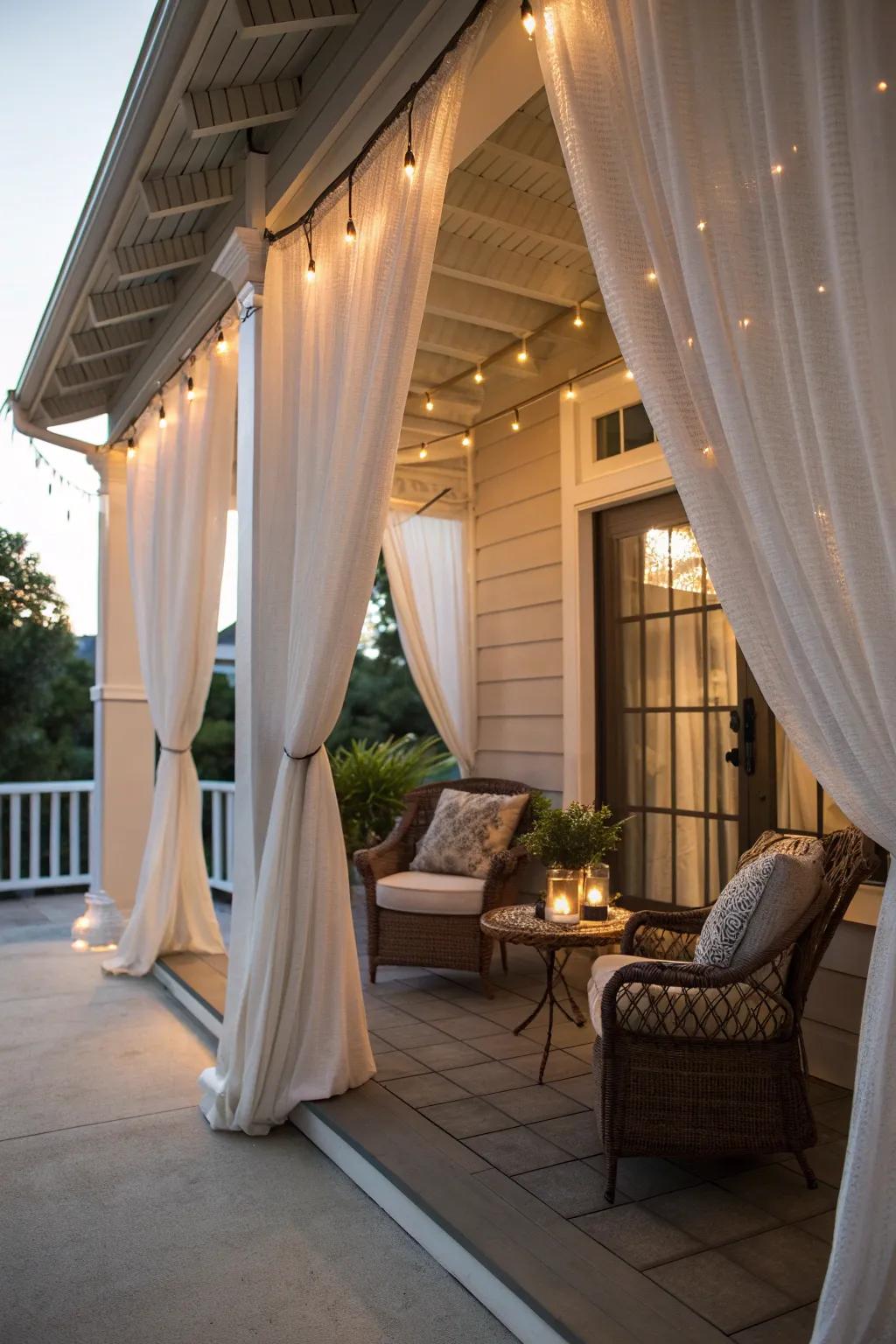 Drapes add shade and privacy to the porch.