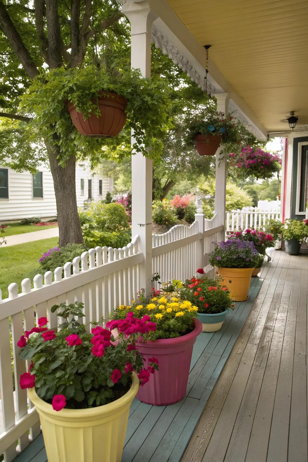 Colorful planters provide vibrant pops of color on your porch.