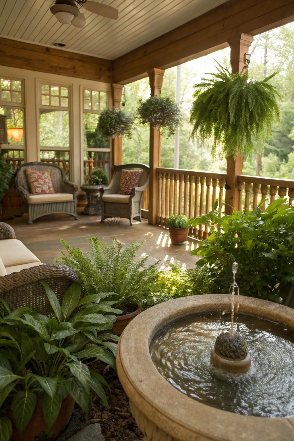 A water feature adds tranquility to your sunroom.