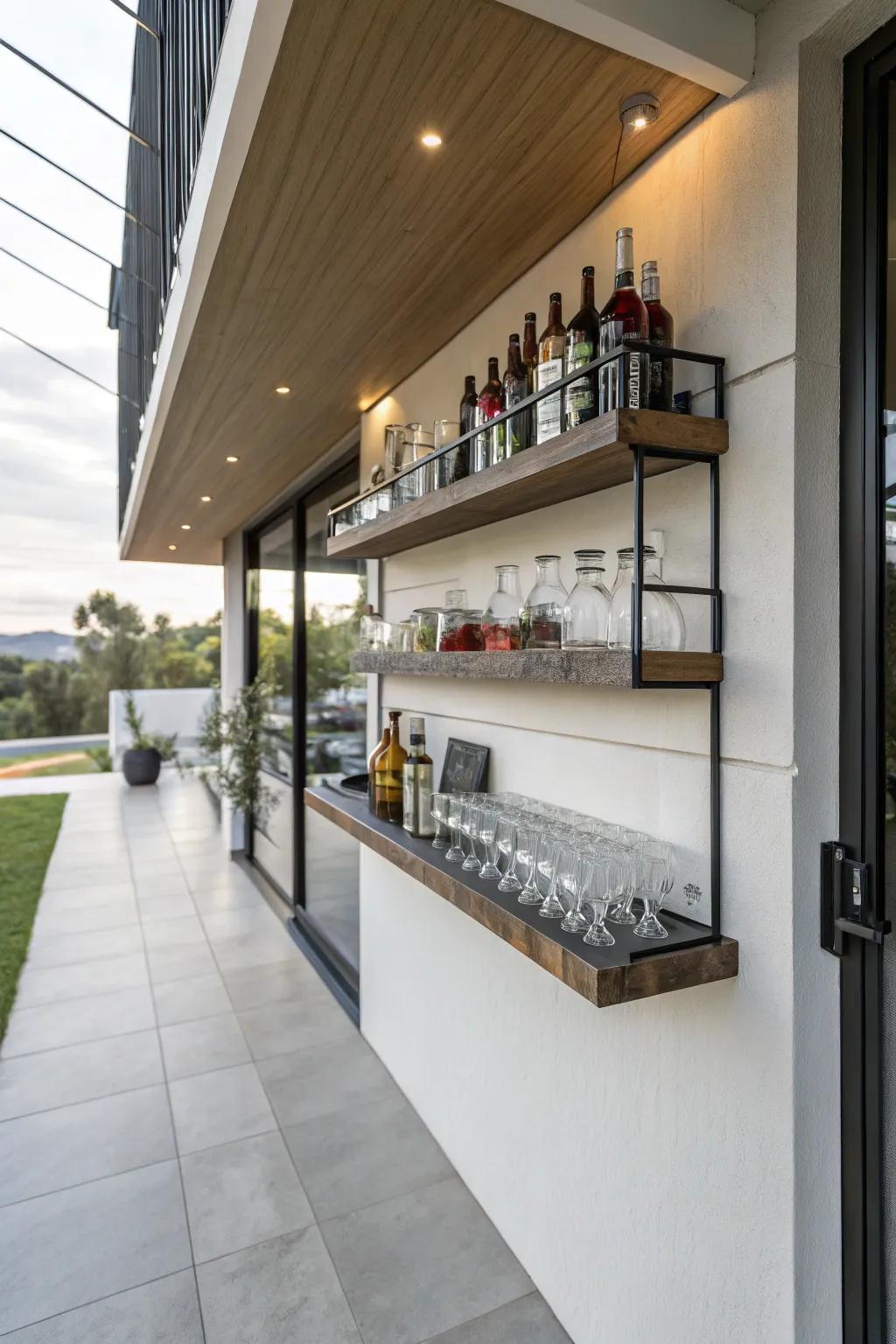 A floating shelf bar offers a sleek and tidy solution.