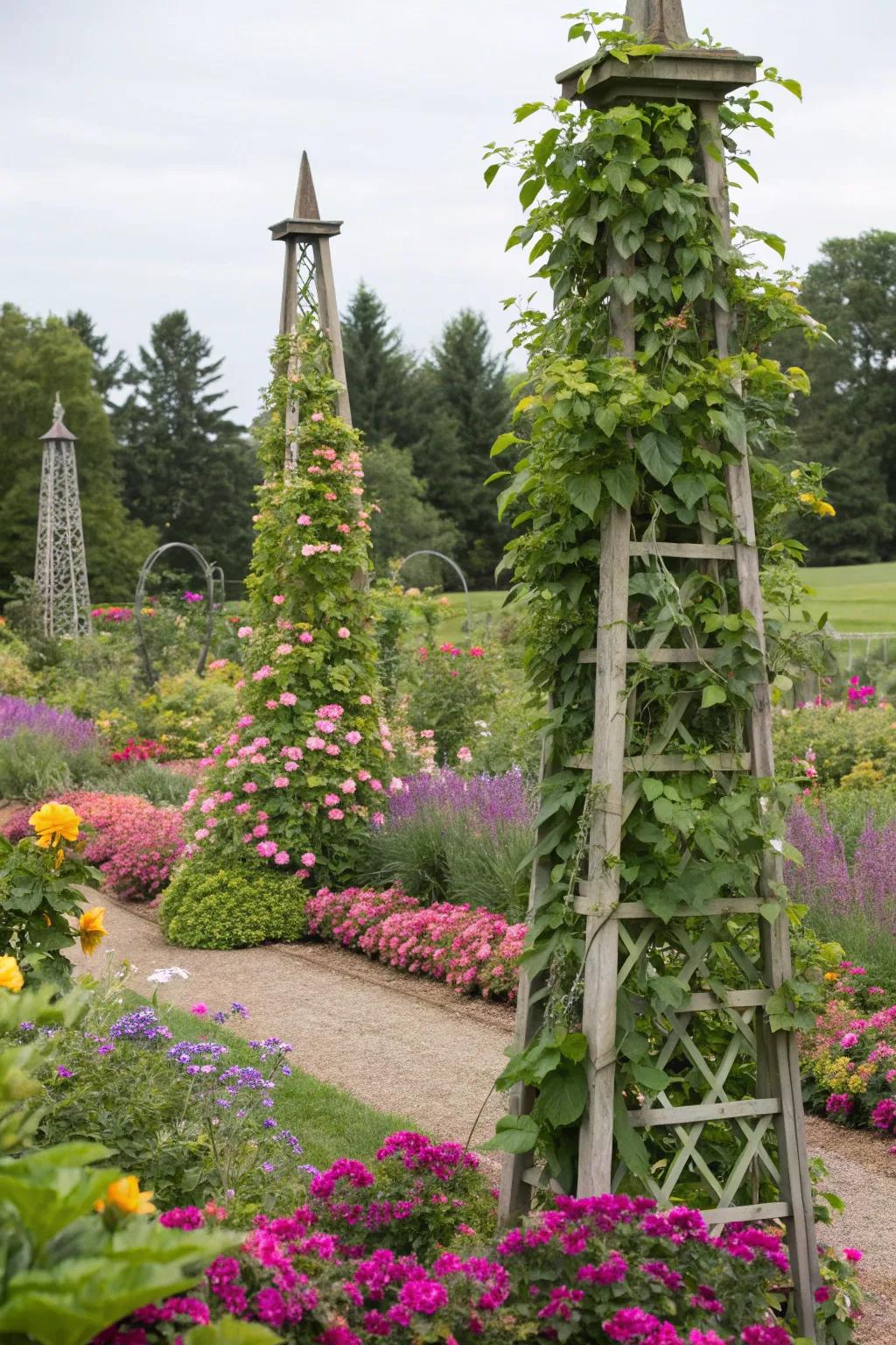 Vertical elegance with garden obelisks for potatoes.