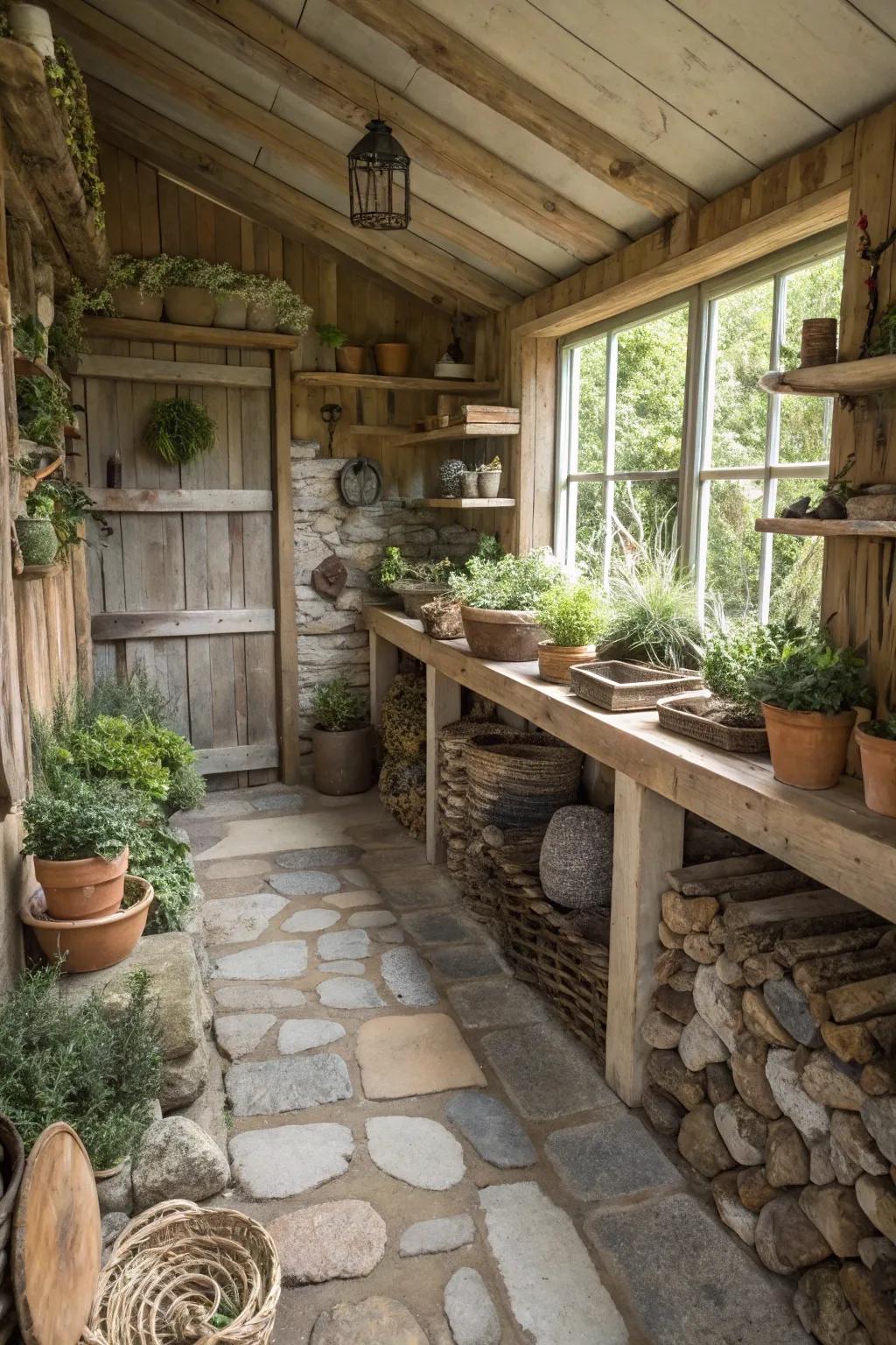 Nature-inspired decor in a potting shed.