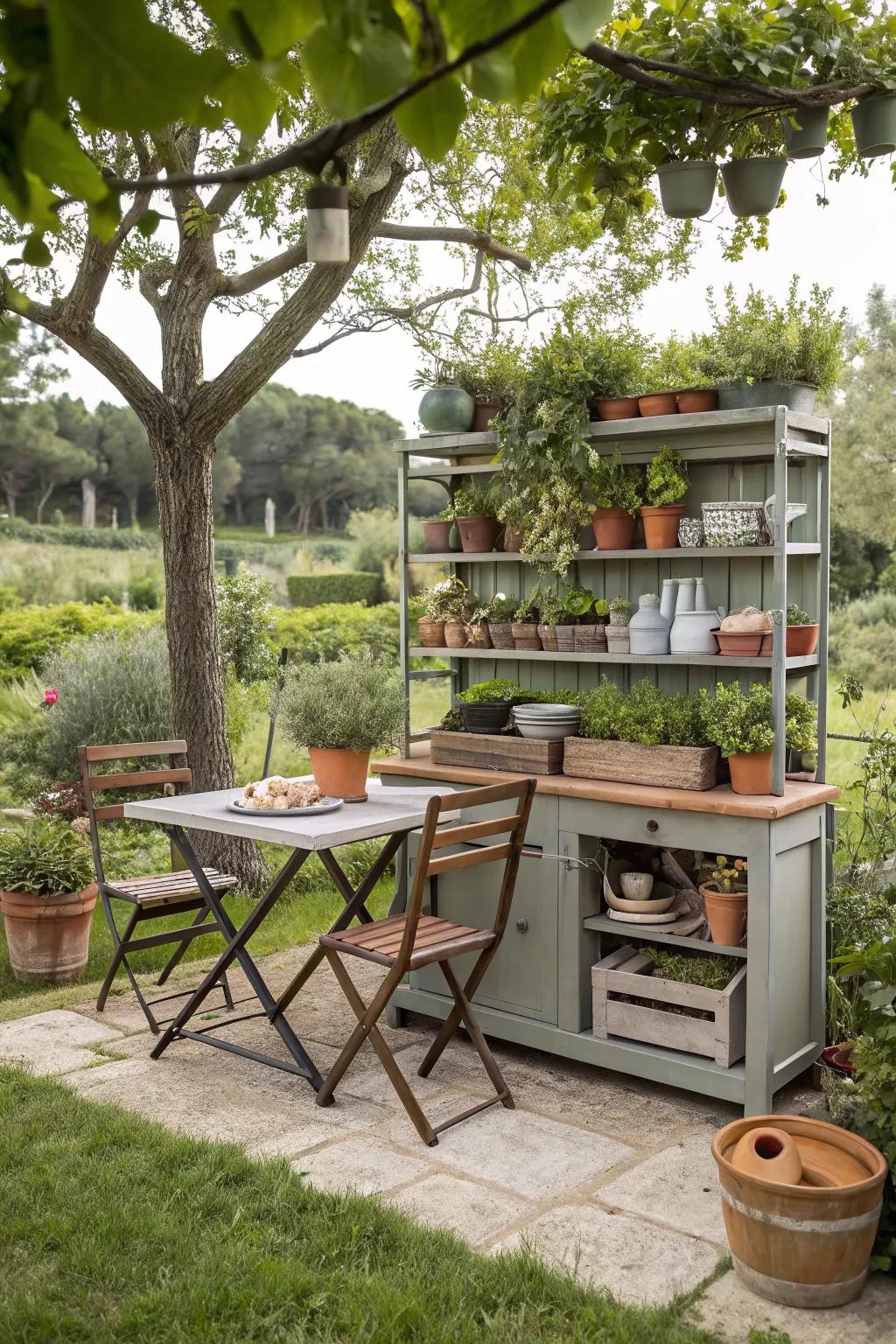 A multi-functional potting station that serves as both a gardening and dining area.