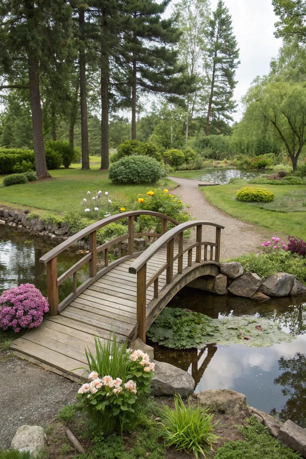 A charming bridge over a preformed pond, inviting exploration and play.