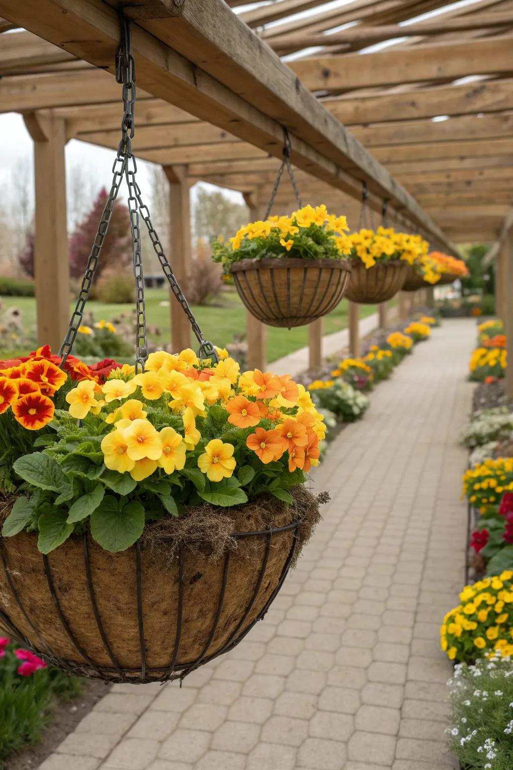 Hanging baskets with primroses create a floating garden effect.