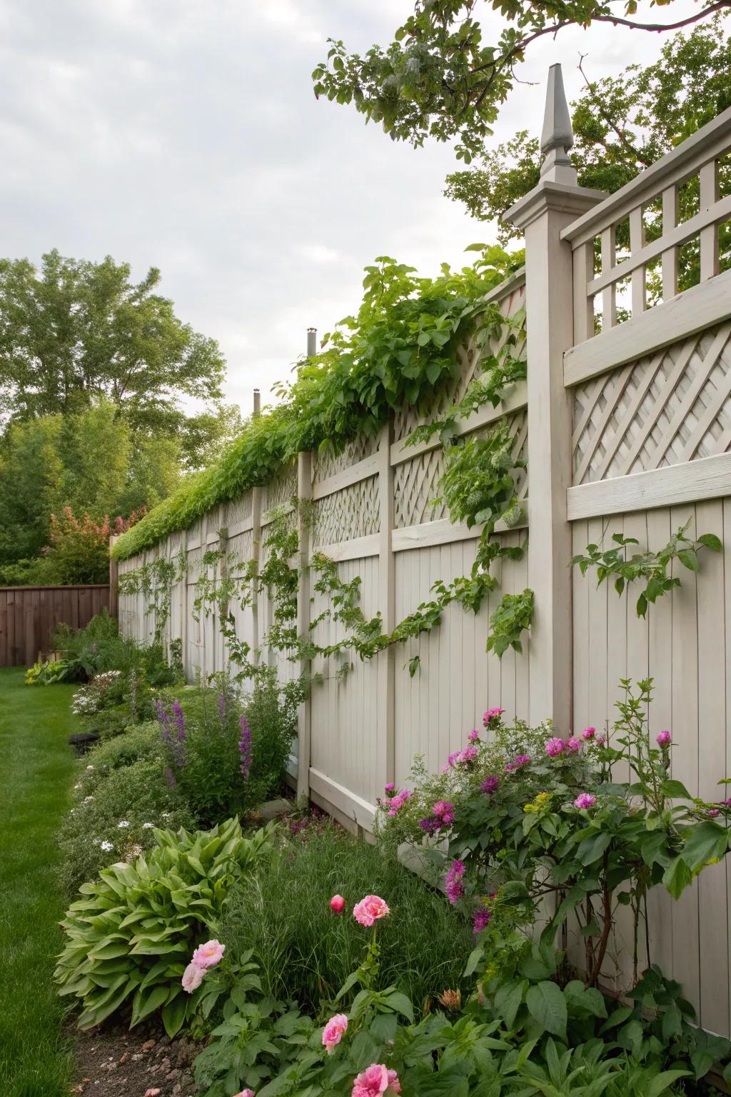 Trellis and vines creating a whimsical, green barrier.