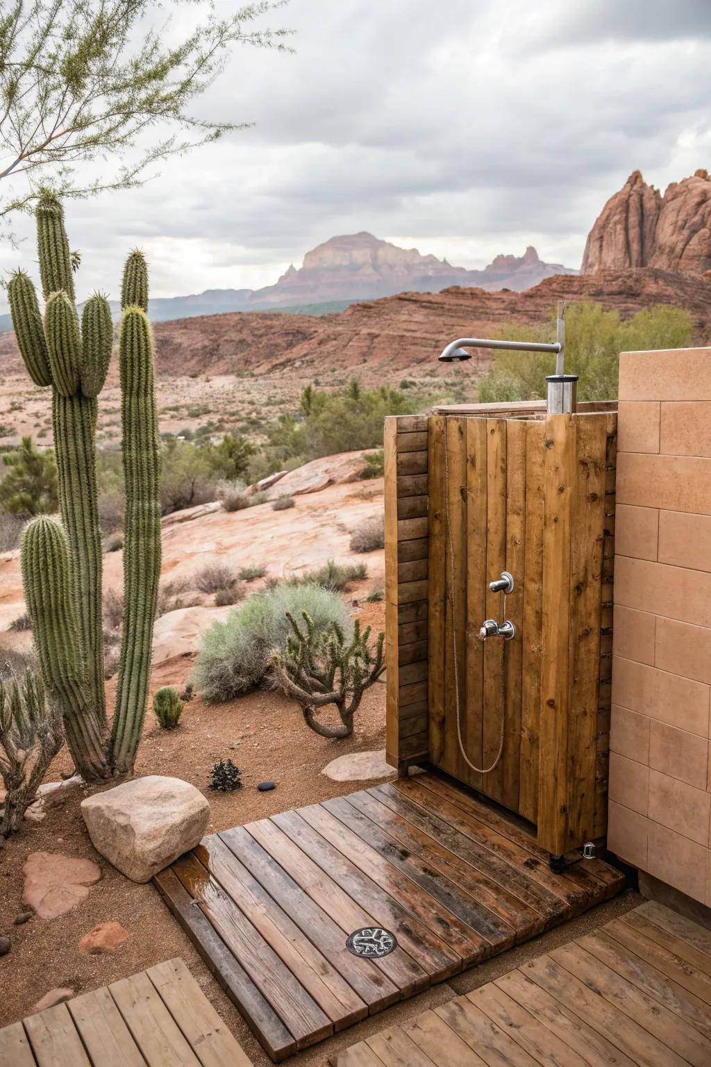 Desert escape with cacti and sandstone for a warm, inviting shower setting.