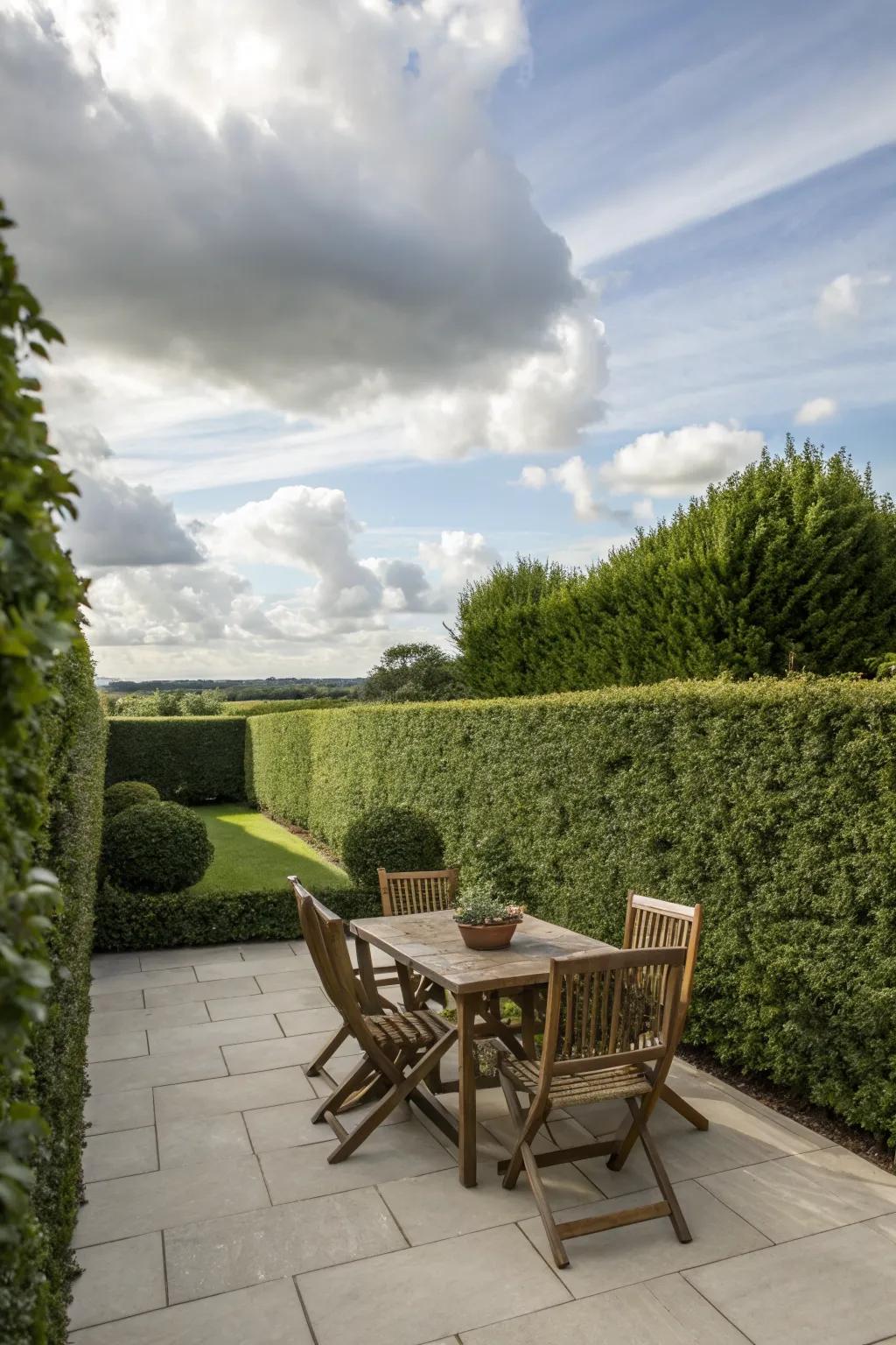 Hedge walls provide natural privacy and lushness.