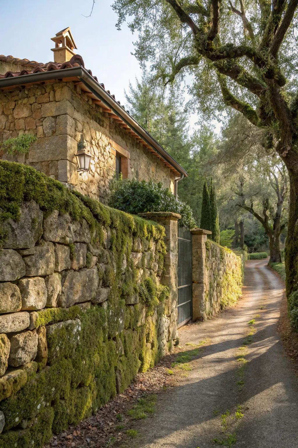 Rustic stone walls provide timeless texture and depth.