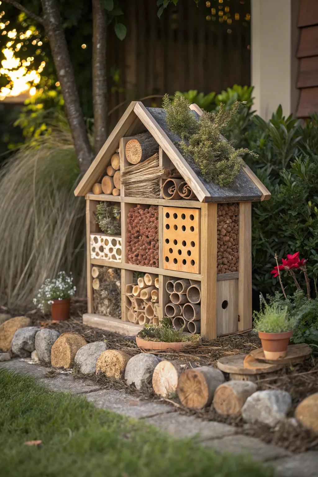 A bug hotel fostering beneficial insects in the garden.