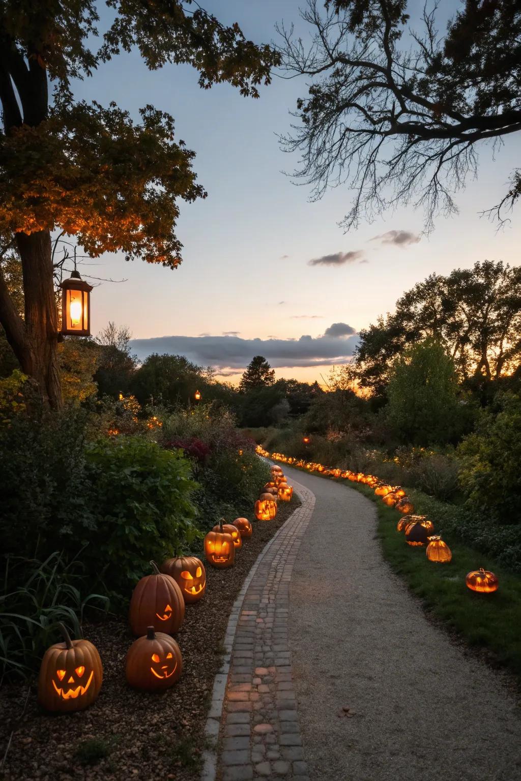 A magical garden path illuminated by glowing pumpkin lanterns.
