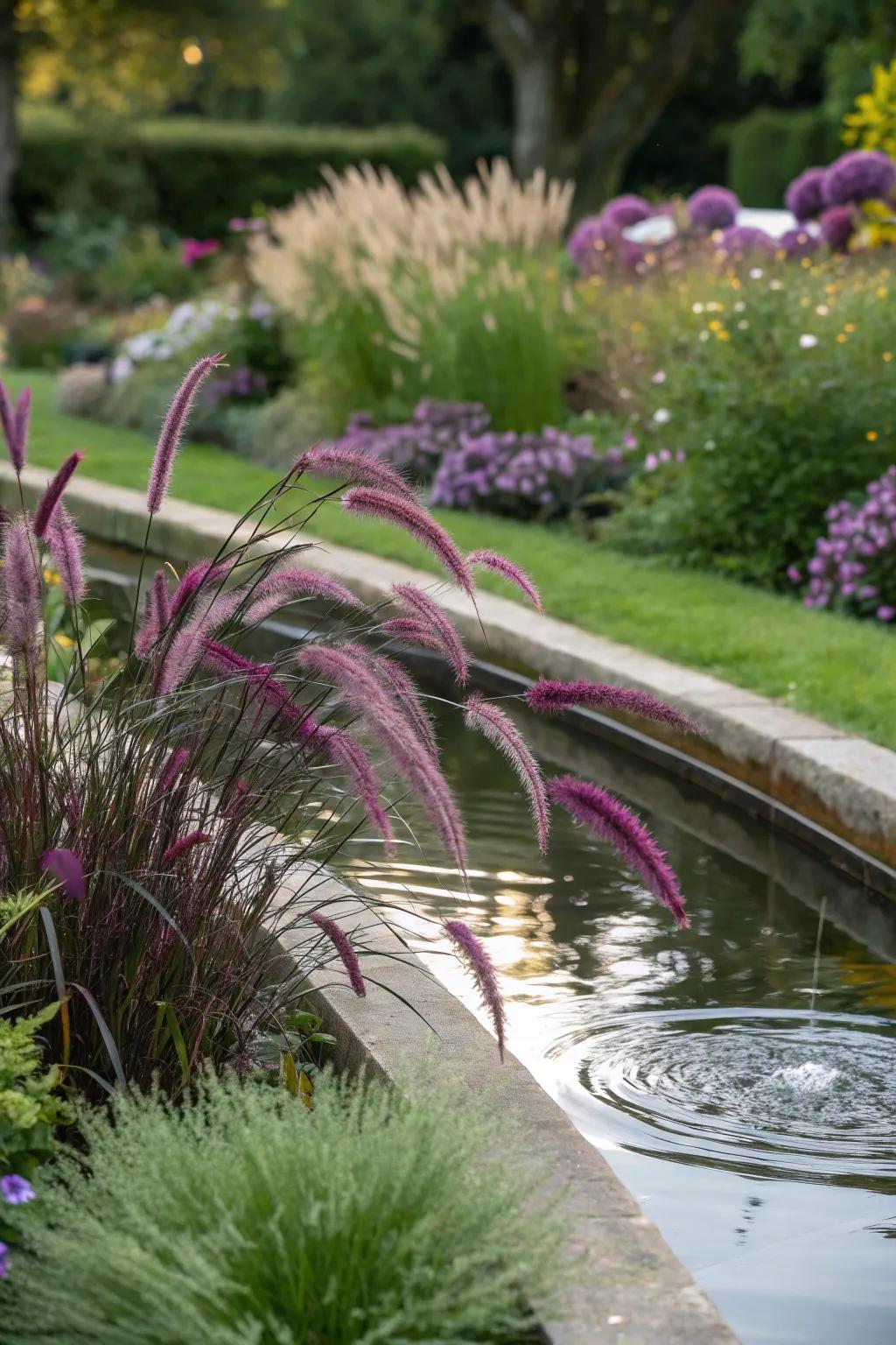 A dynamic water feature complemented by the elegance of purple fountain grass.