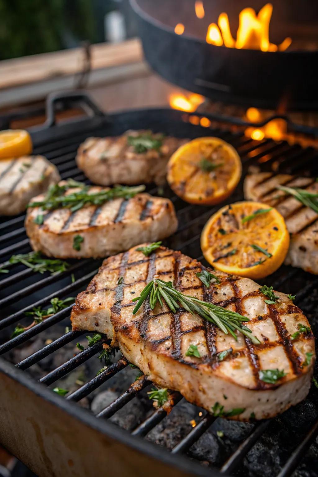 Flavorful citrus herb grilled pork chops sizzling away.