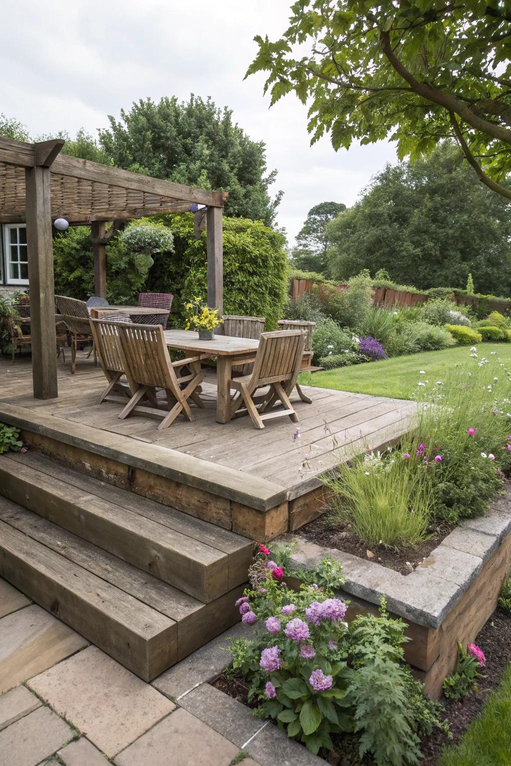A raised patio crafted from railroad ties.