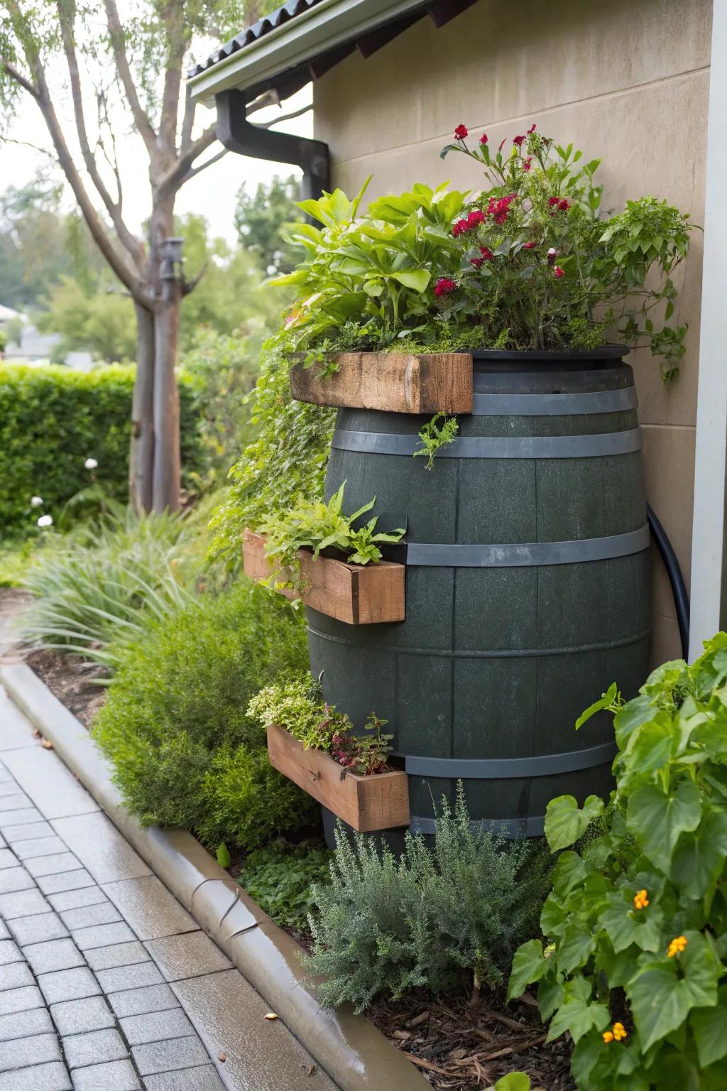 Bring life to rain collection with planter boxes.