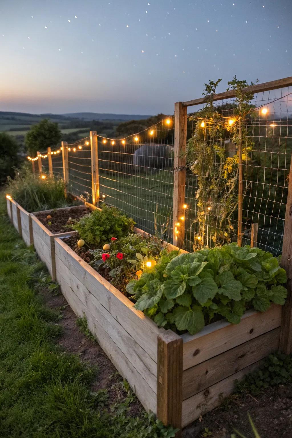 Solar lights integrated into fencing add ambiance and safety at night.