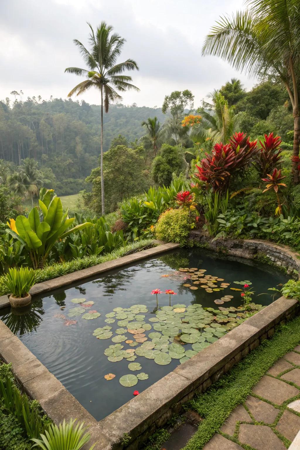 Create a tropical escape with lush plants around your pond.