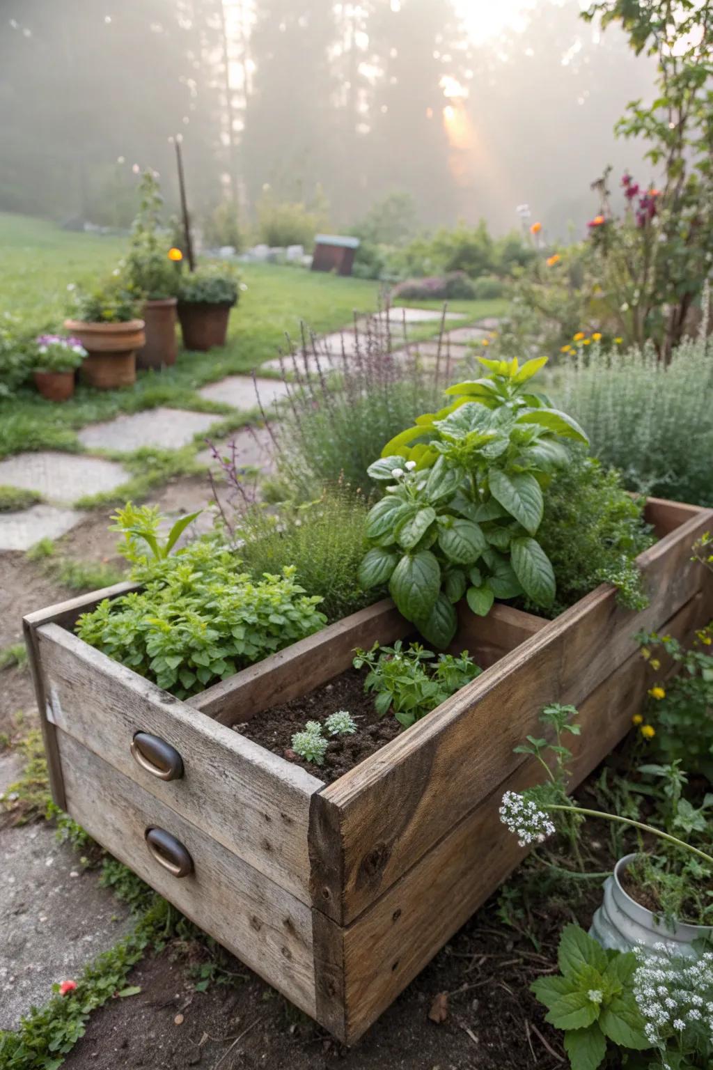 A charming herb planter made from a repurposed drawer.