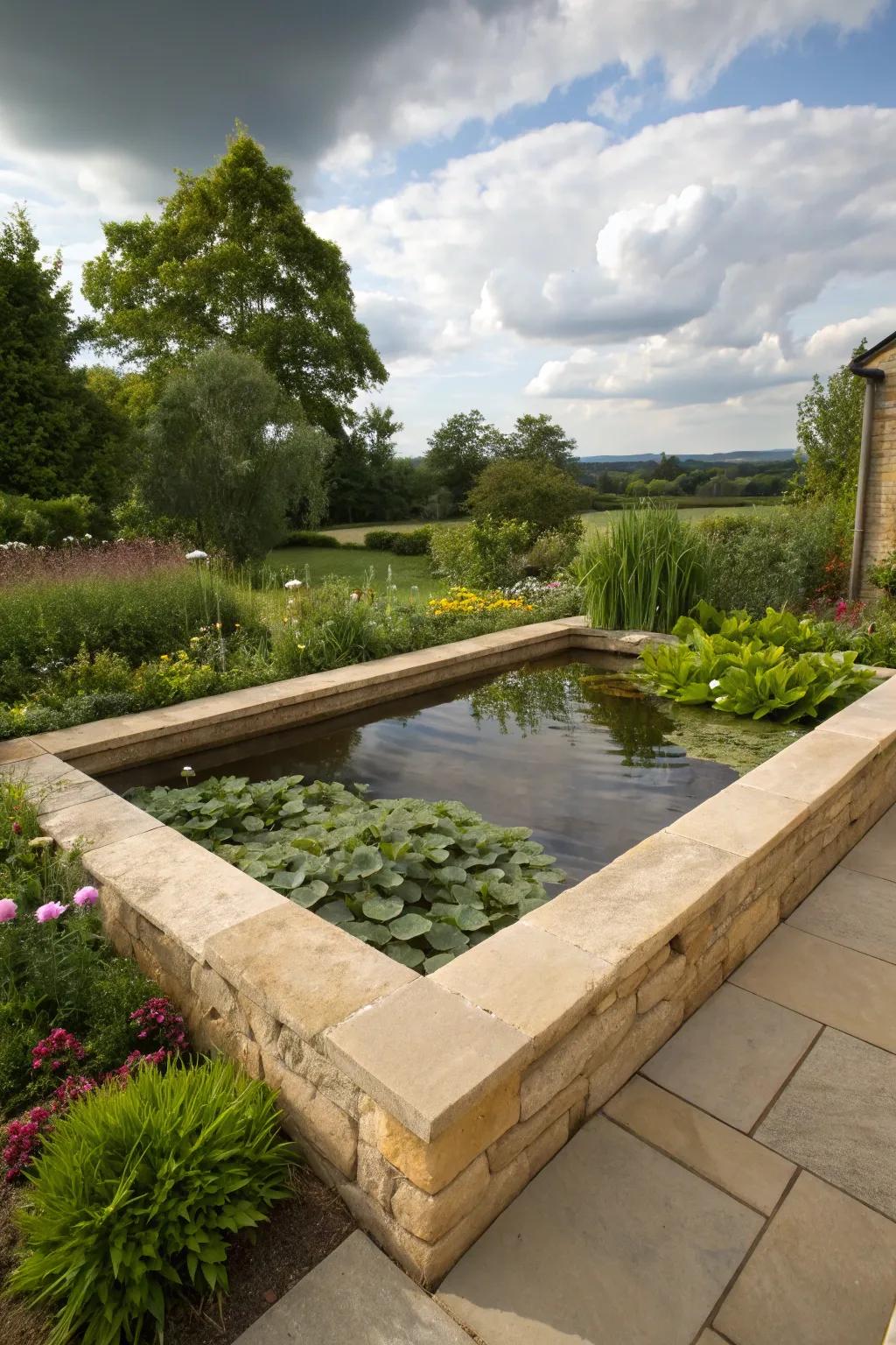 Sandstone provides a warm, earthy edge to this raised pond.