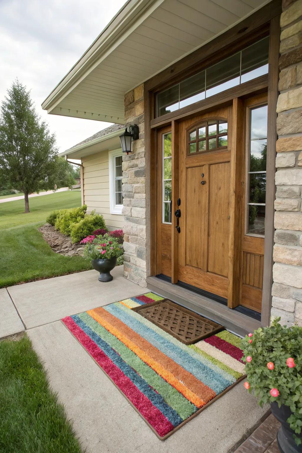 A cozy raised ranch entrance with a stylish rug.