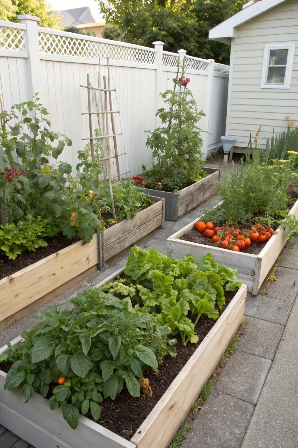 Compact raised garden beds making efficient use of a small yard.