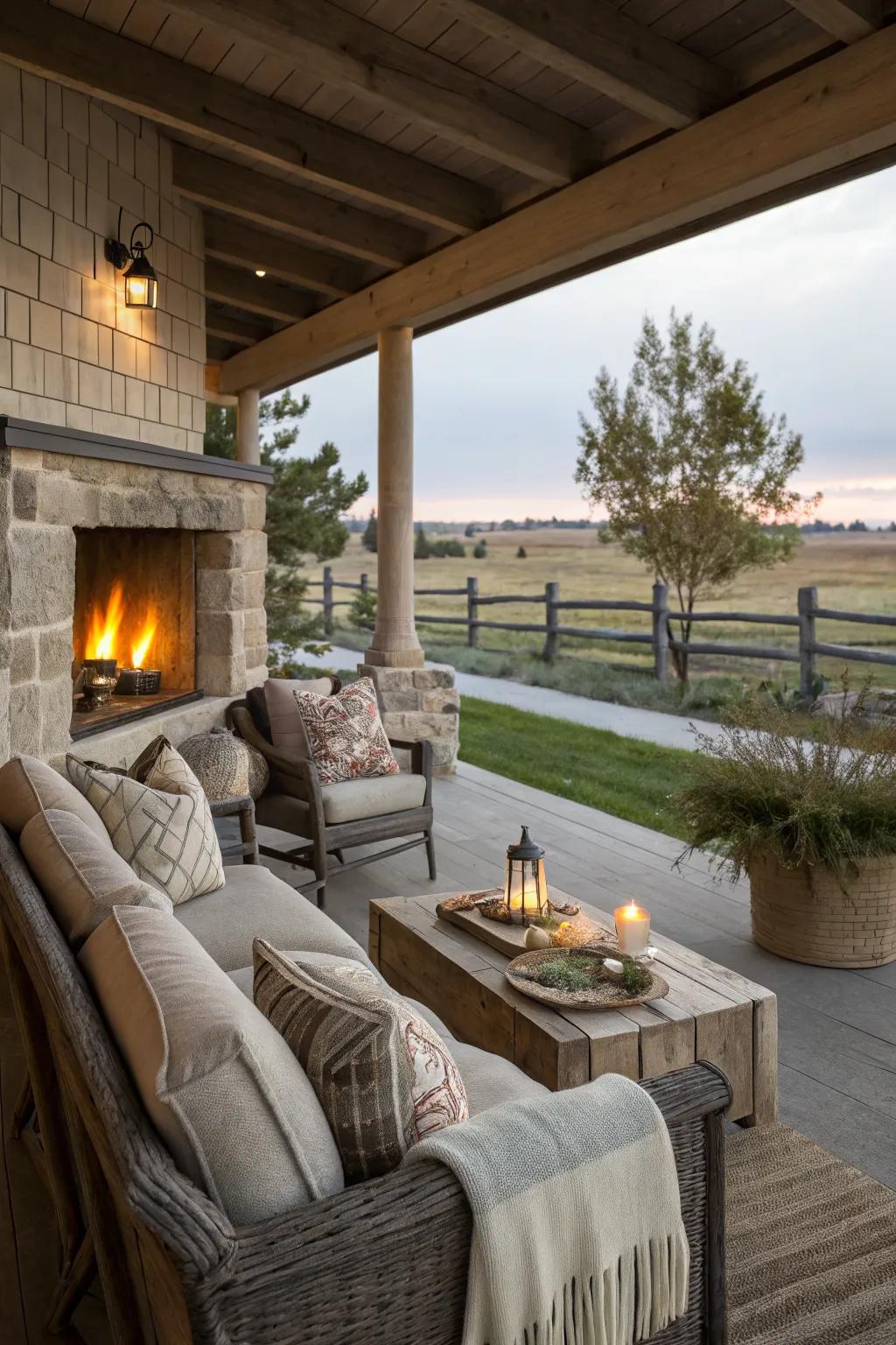 An outdoor fireplace adds a cozy touch to this ranch porch.