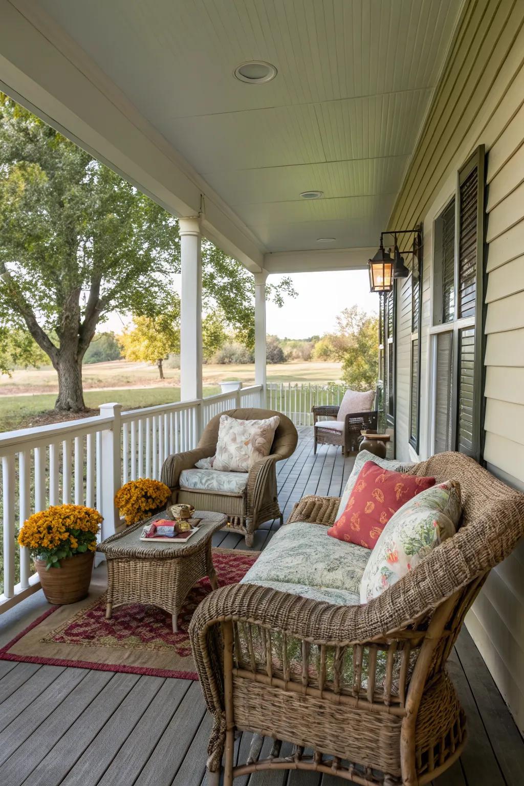Wicker furniture provides comfort and style on a ranch-style porch.