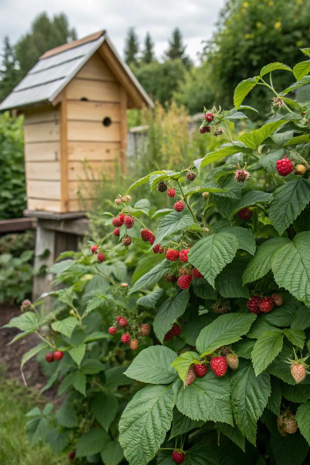 A bee house invites pollinators and enhances fruit production.