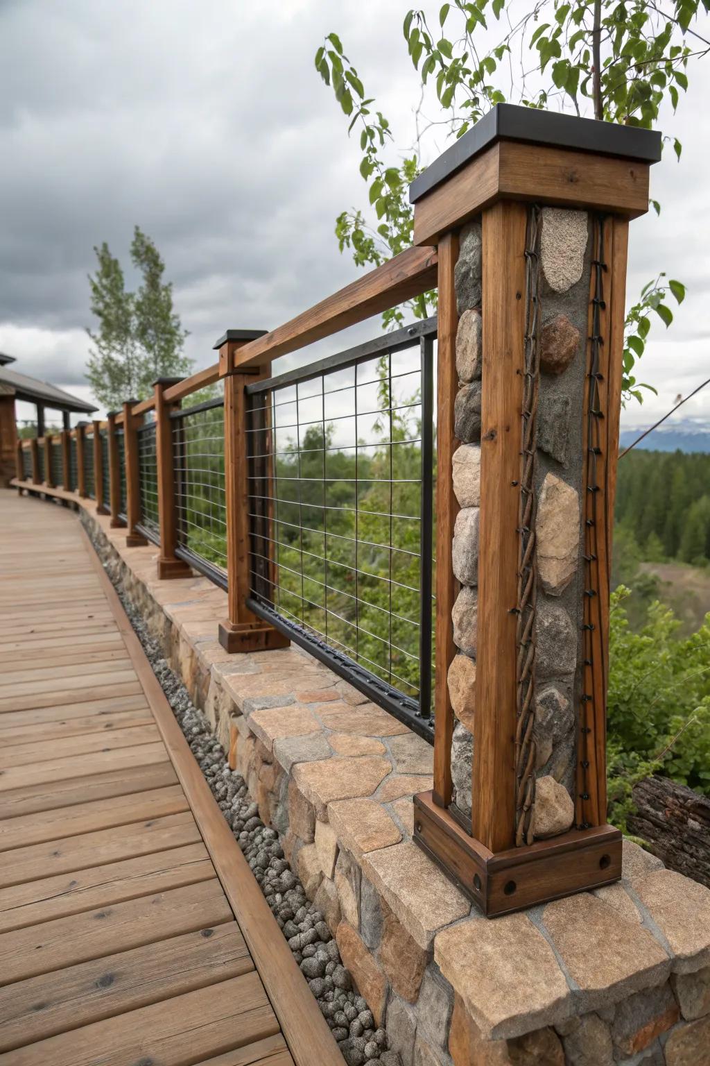 Enhance texture with rebar railings featuring stone inlays.