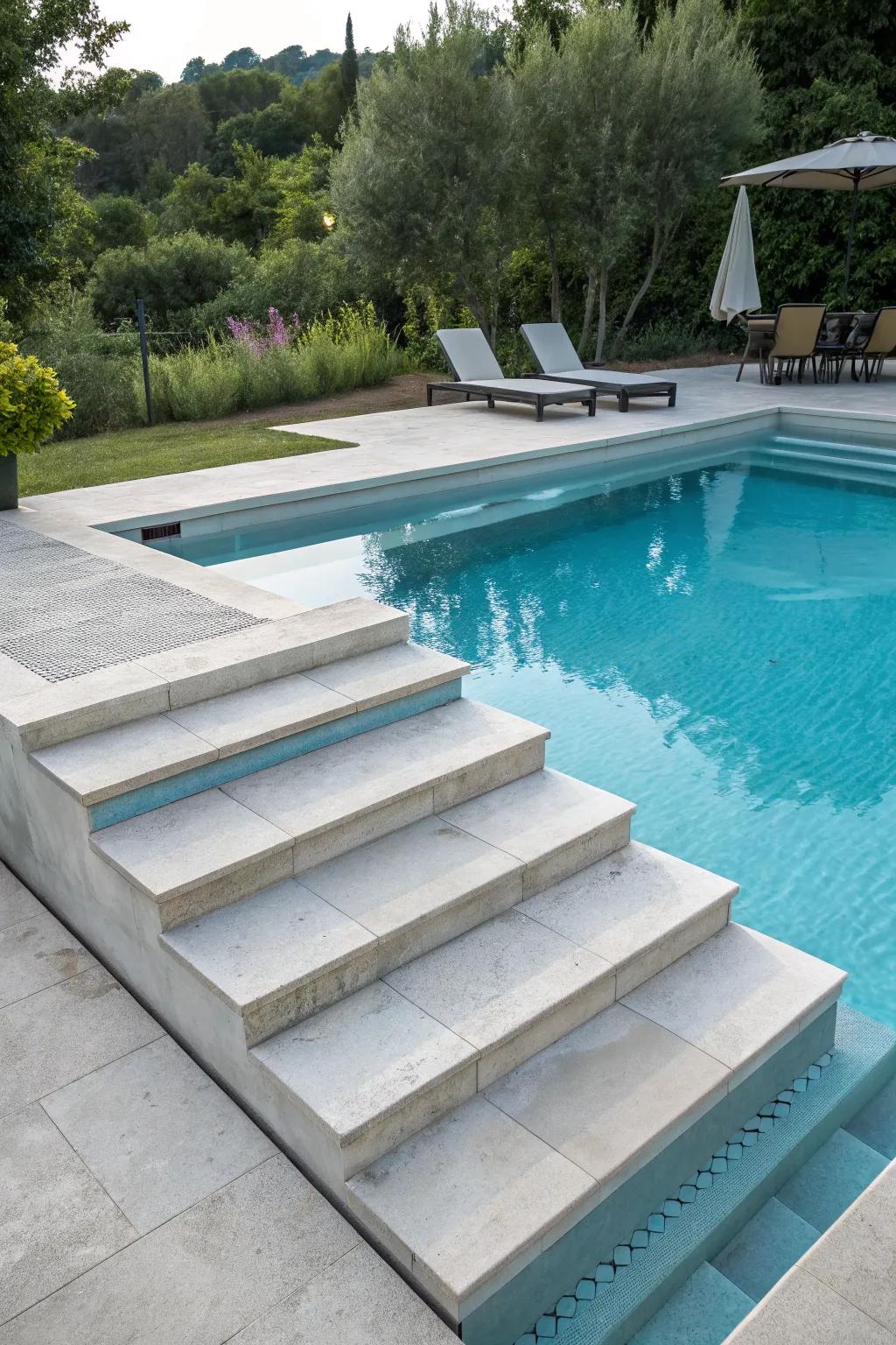 A rectangular pool featuring multifunctional steps for seating and lounging