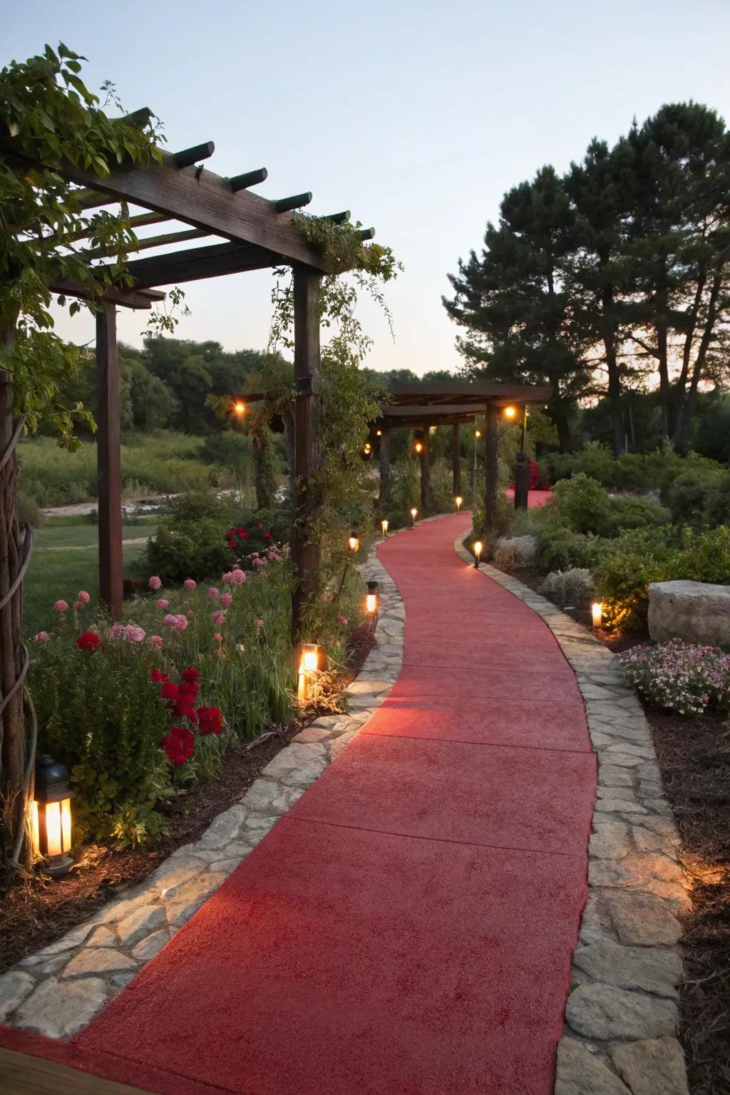 Red path lights creating a romantic and inviting glow along the garden path.