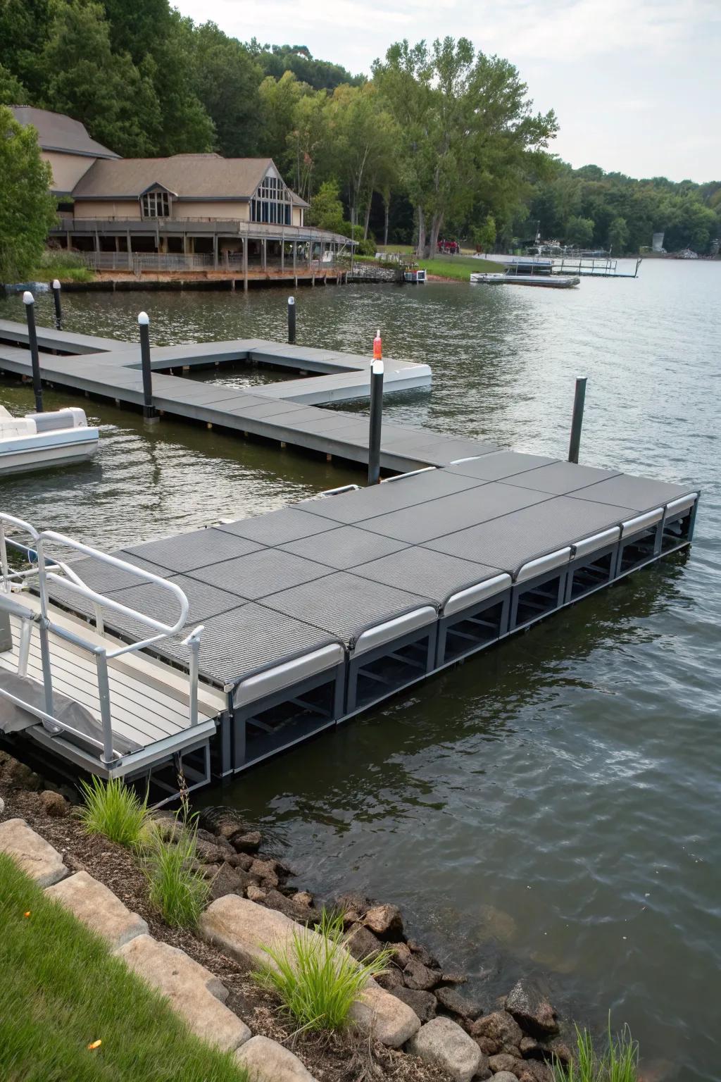 A flexible dock design on a residential lake, adaptable to changing needs.
