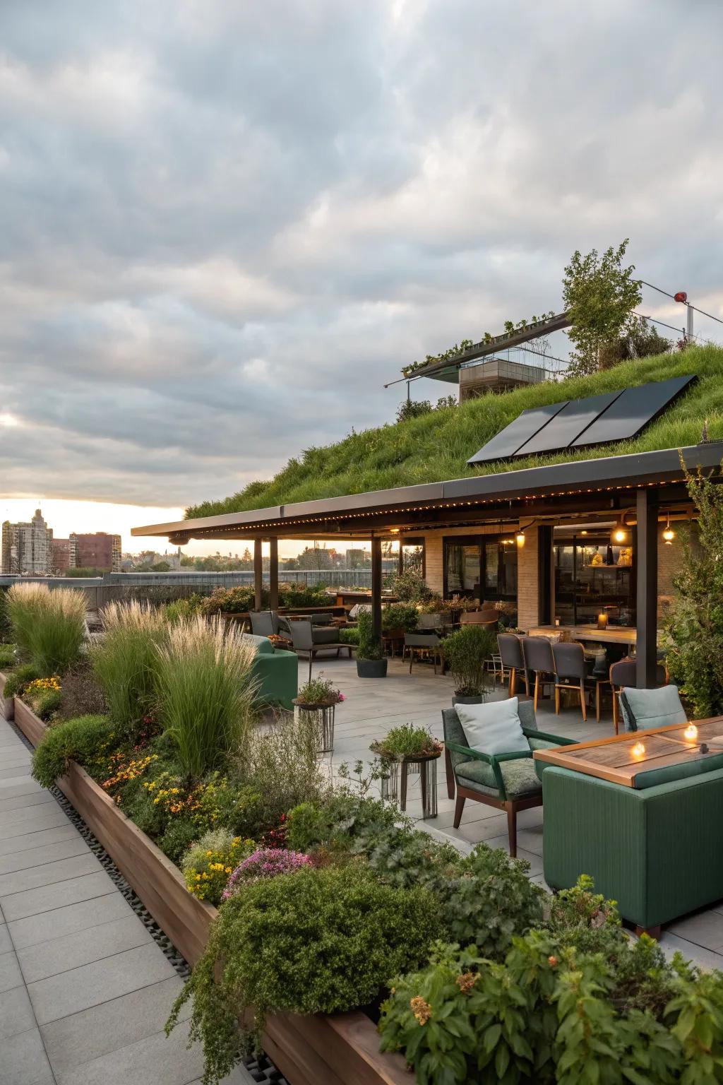 A sustainable patio featuring a lush green roof.