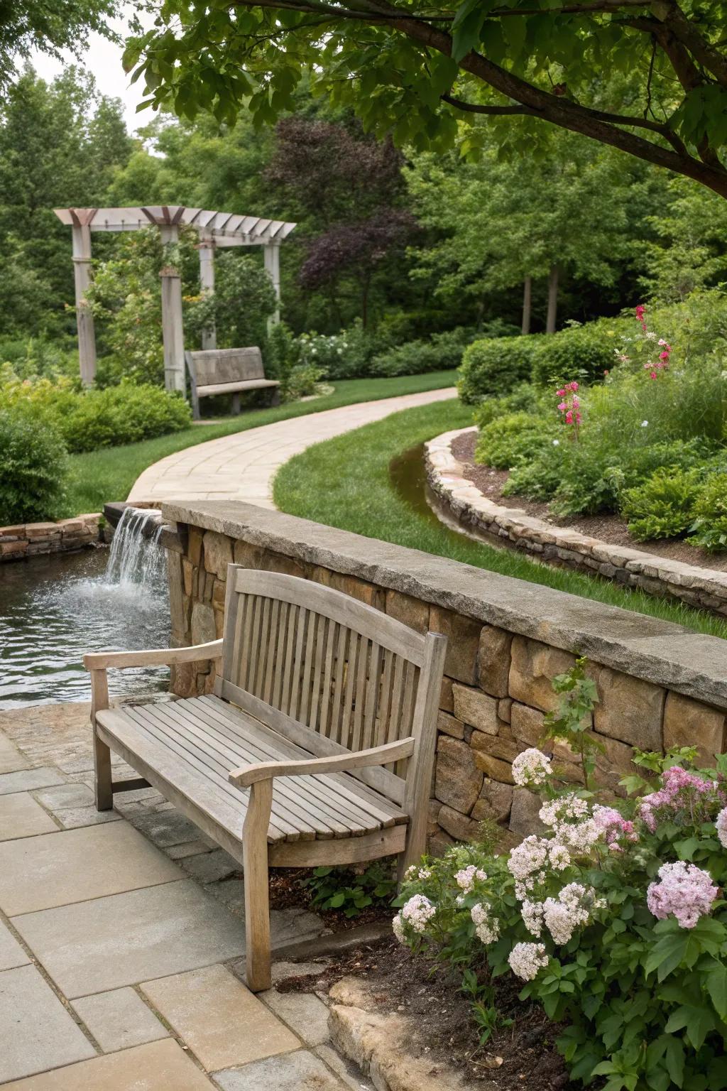 A water feature brings tranquility to any seating area.