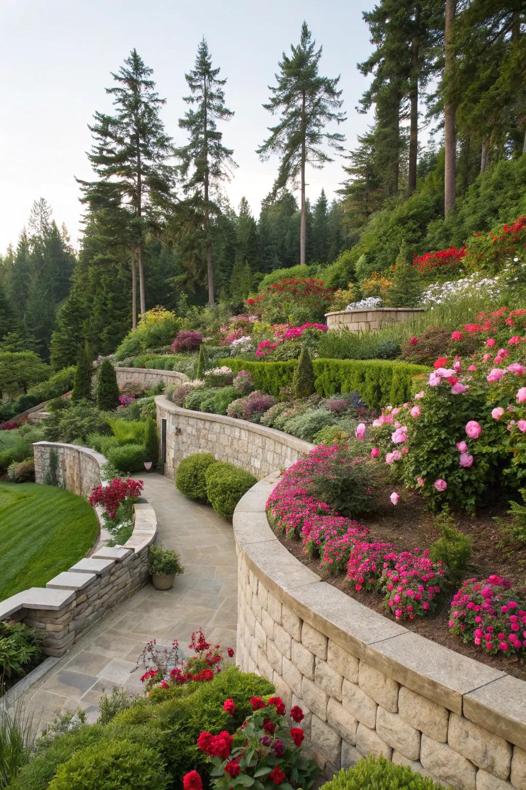 Themed gardens with complementary retaining wall caps create a cohesive look.