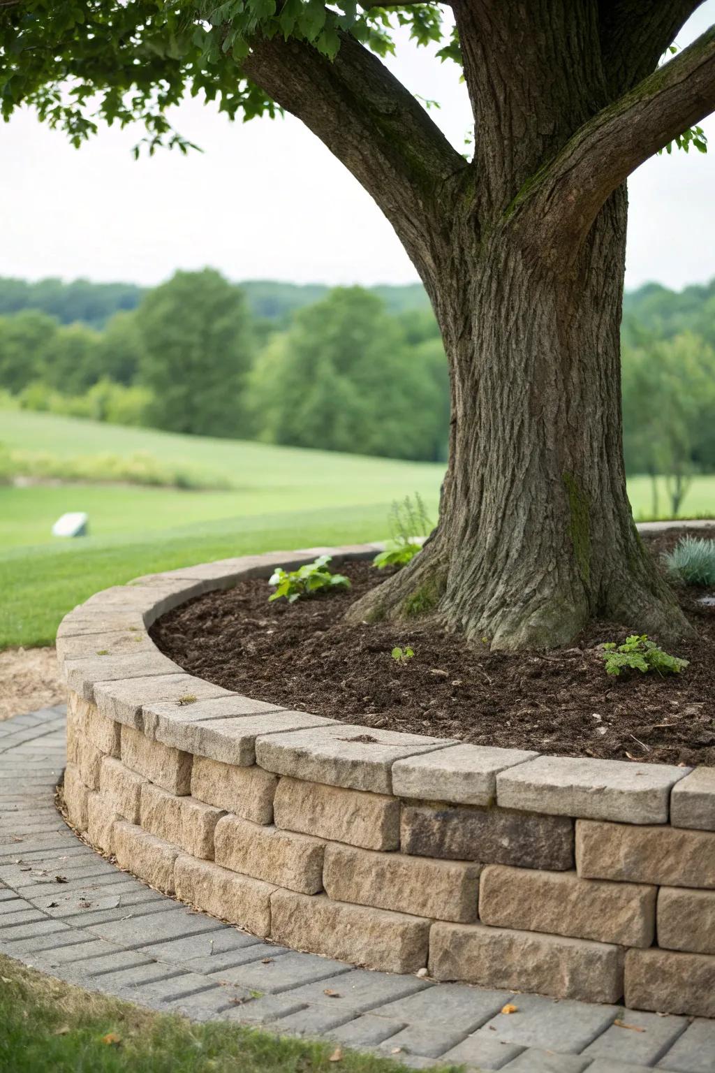 Tree rings protect roots and add definition to garden trees.