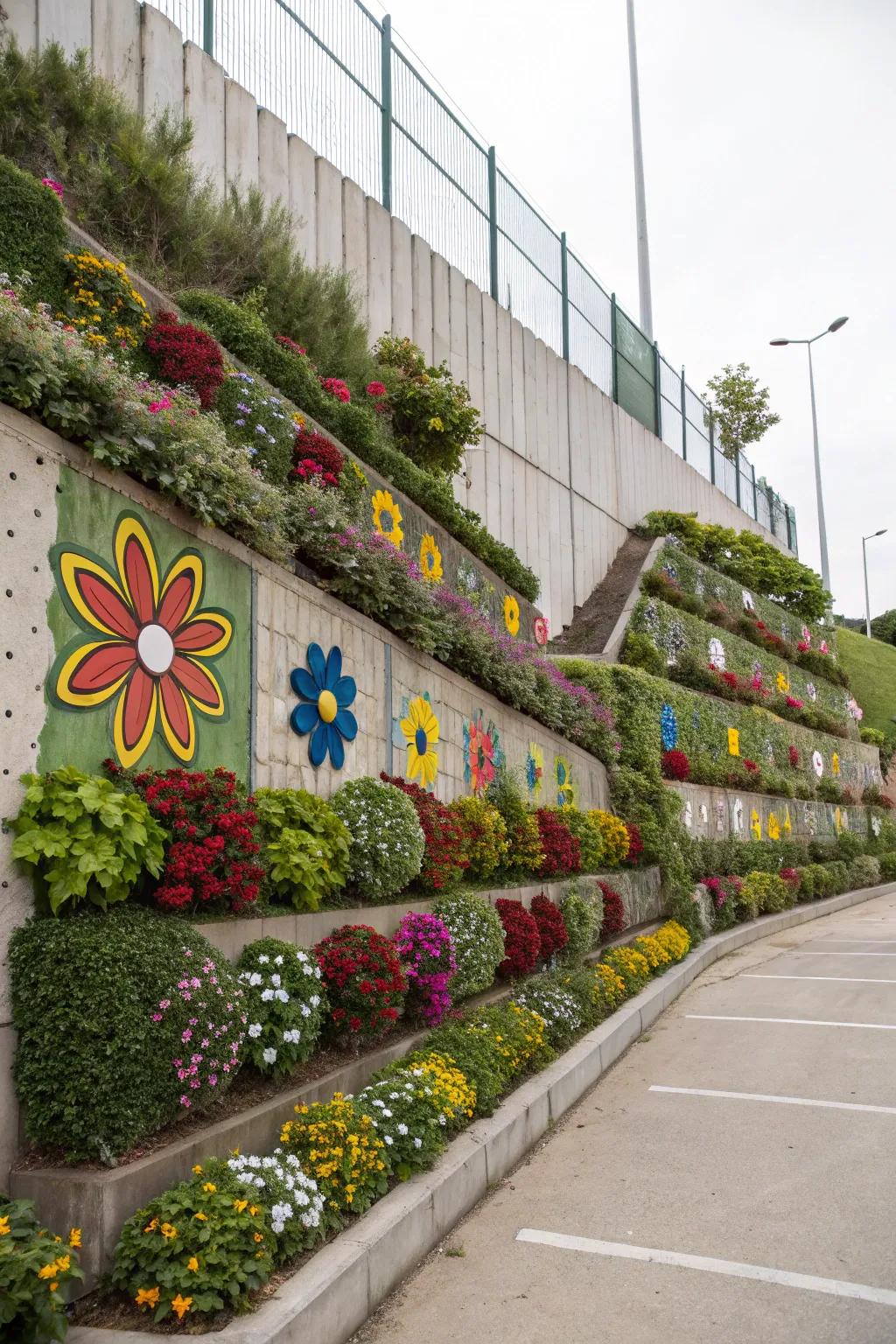 A retaining wall displaying playful patterns with varied plant shapes and colors.
