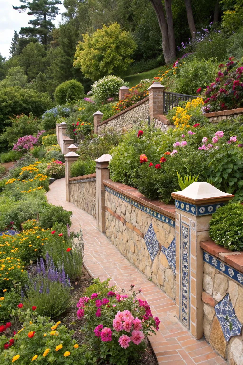Decorative tile caps bring color and pattern to gardens.