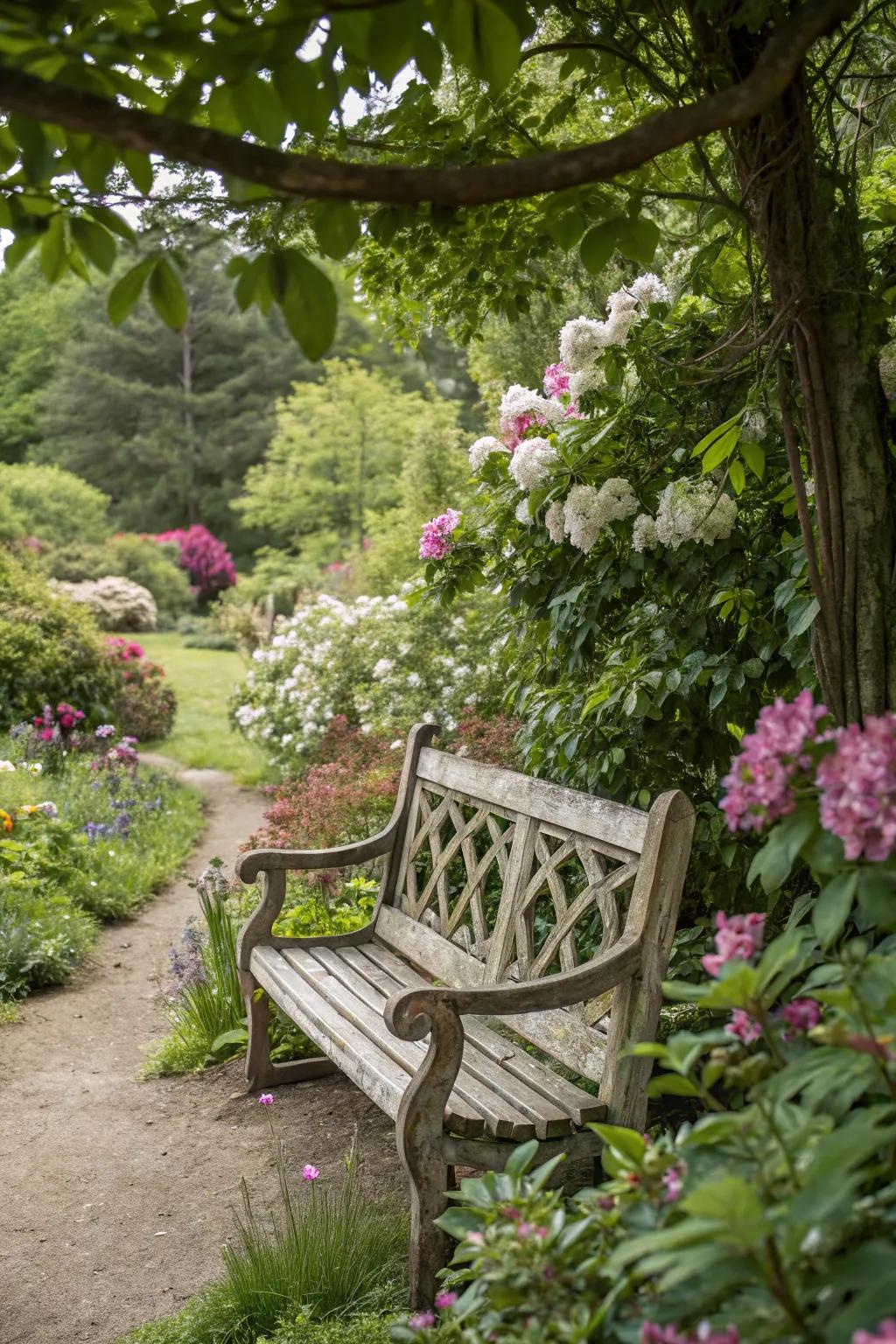 Inviting vintage garden bench for enjoying the view.
