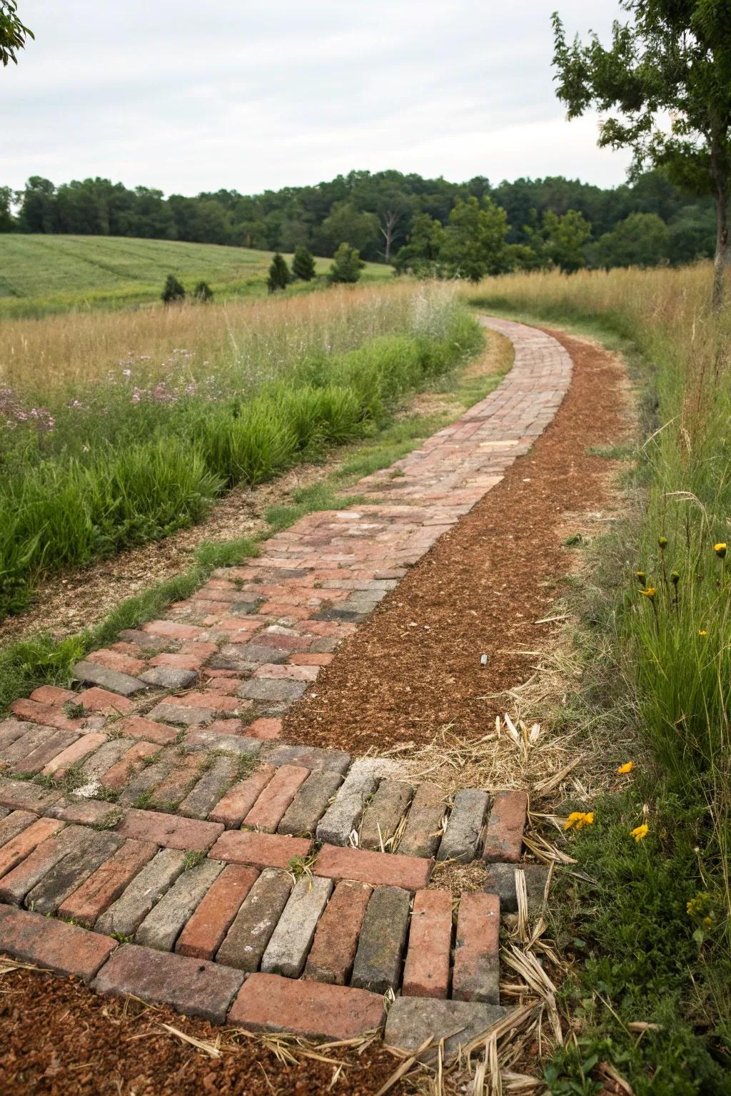 A cozy rustic ribbon driveway with weathered brick strips and a mulch center.