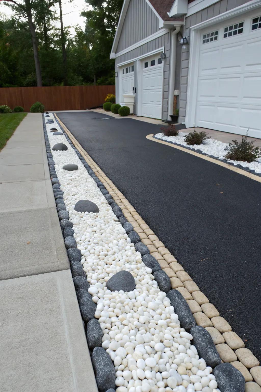 Bold contrast of colors in river rock borders for a striking effect.