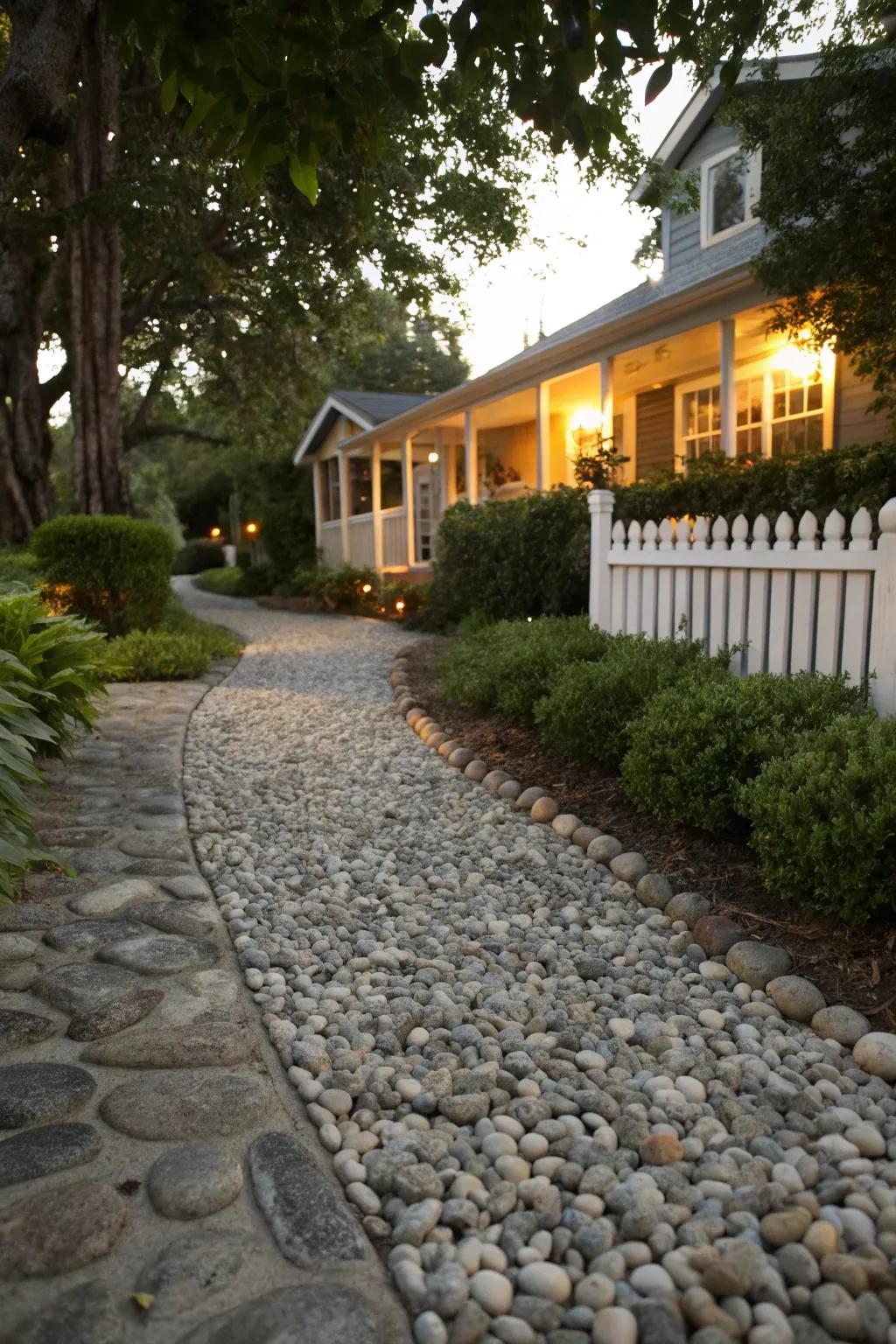 A river rock driveway offers eco-friendly drainage and aesthetic appeal.