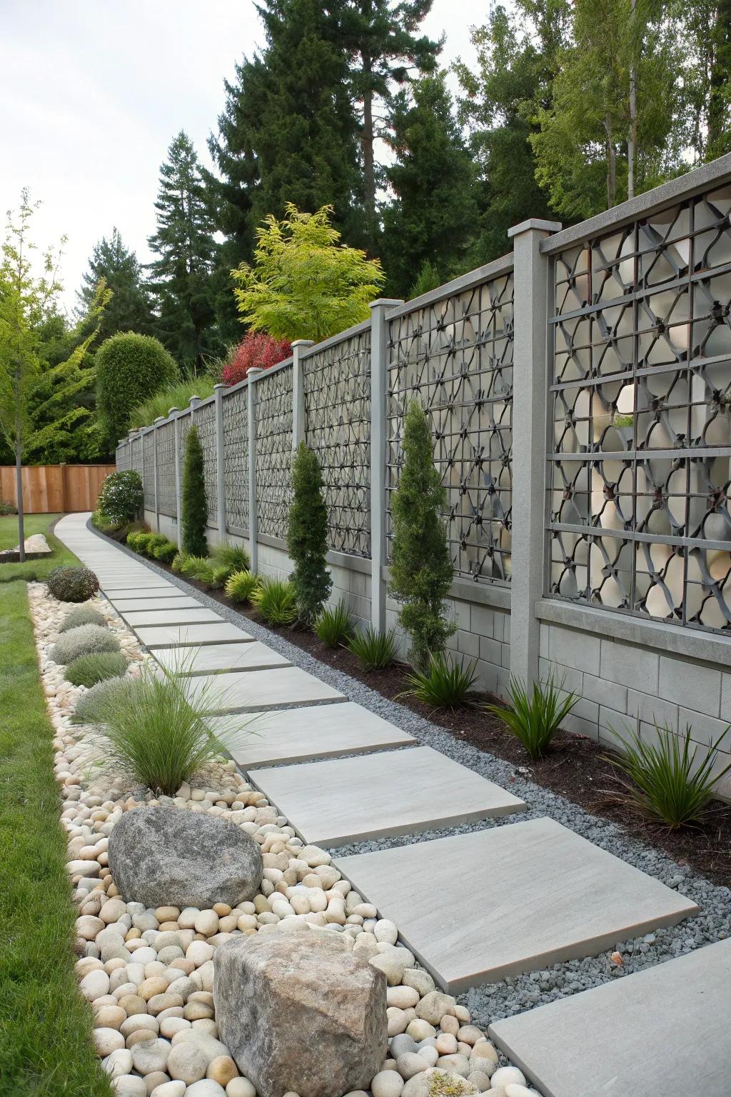 A striking rock fence featuring bold geometric patterns.