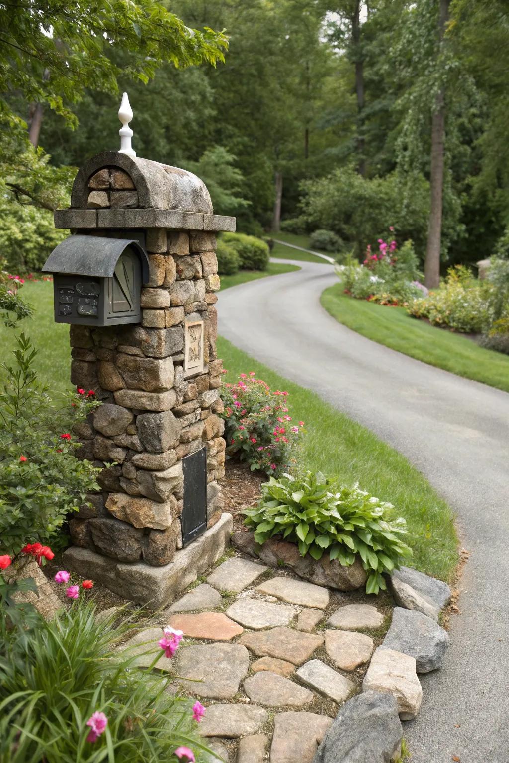 An eco-friendly reclaimed stone mailbox that combines sustainability with historical charm.