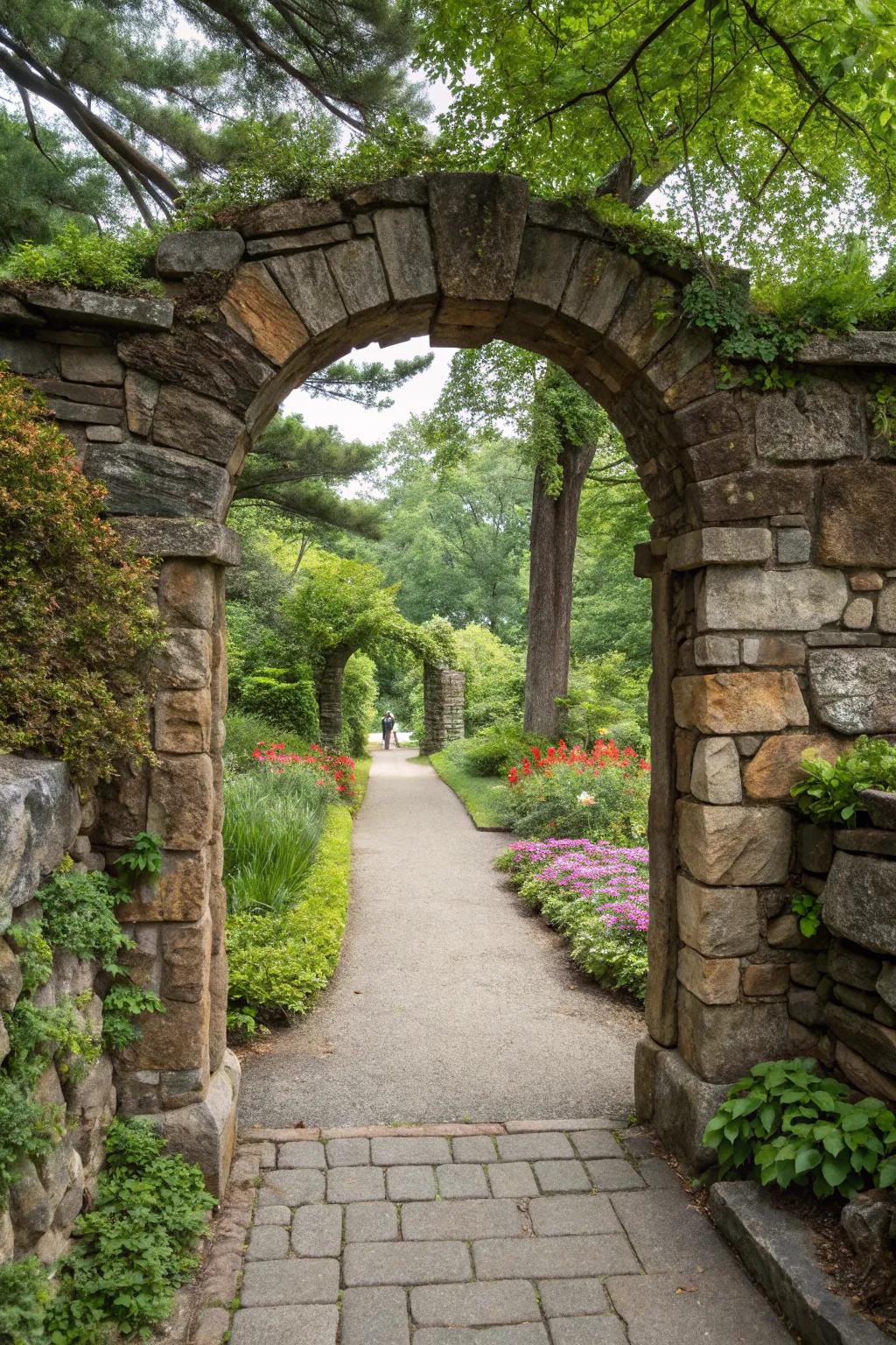 Rock walls enhance and frame garden entrances beautifully.